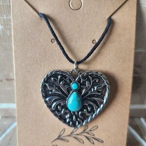 Hand Crafted Silver Heart Necklace with Turquoise Stones